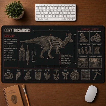Corythosaurus Dinosaur Blueprint Desk Mat | 5To9Vibe