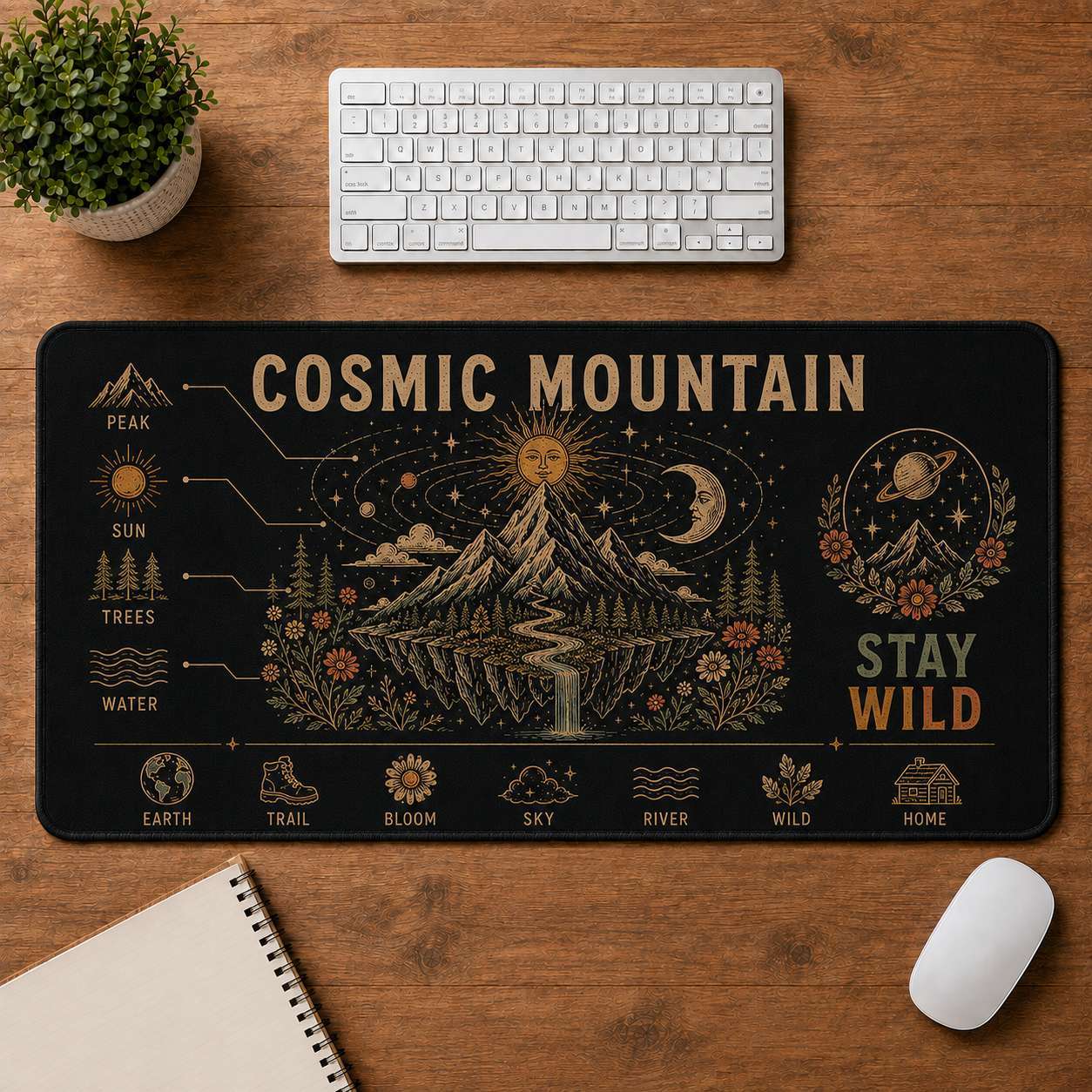 Mountain & Sun Hippie Desk Mat Mouse Pad | 5To9Vibe - Cosmic Mountain style