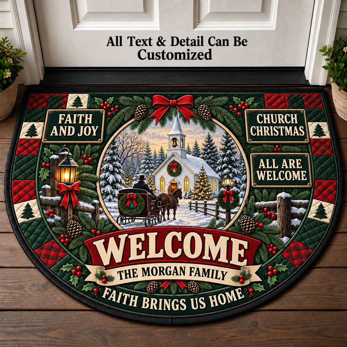 Country Church Christmas Personalized Half Round Mat | 5To9Vibe