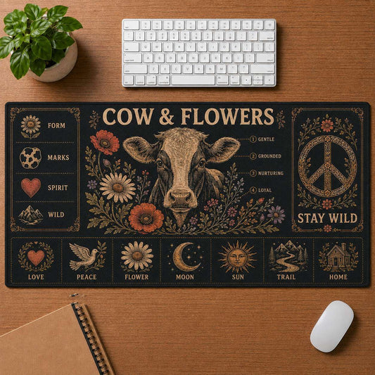 Cow & Flowers Hippie Desk Mat Mouse Pad | 5To9Vibe - Cow & Flowers style