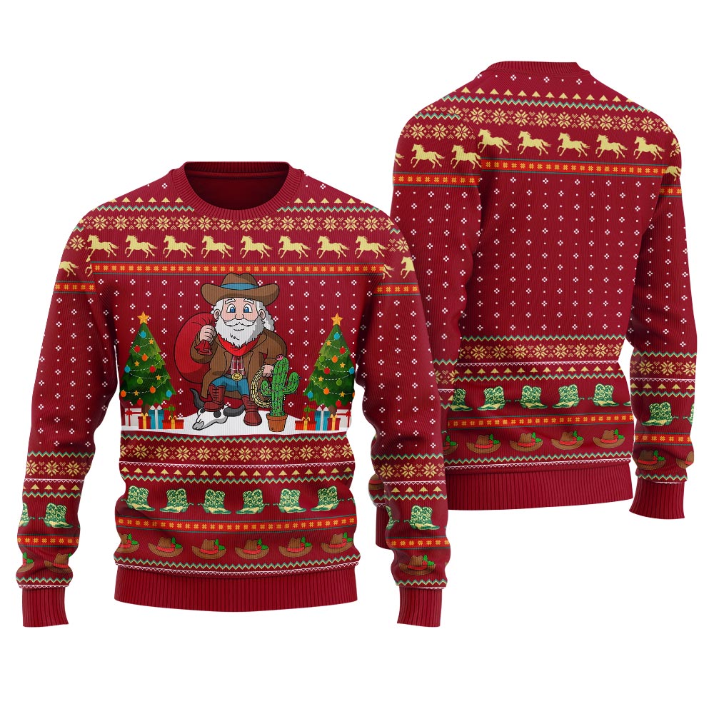 Cowboy Santa Claus Ugly Western Christmas Sweater Red