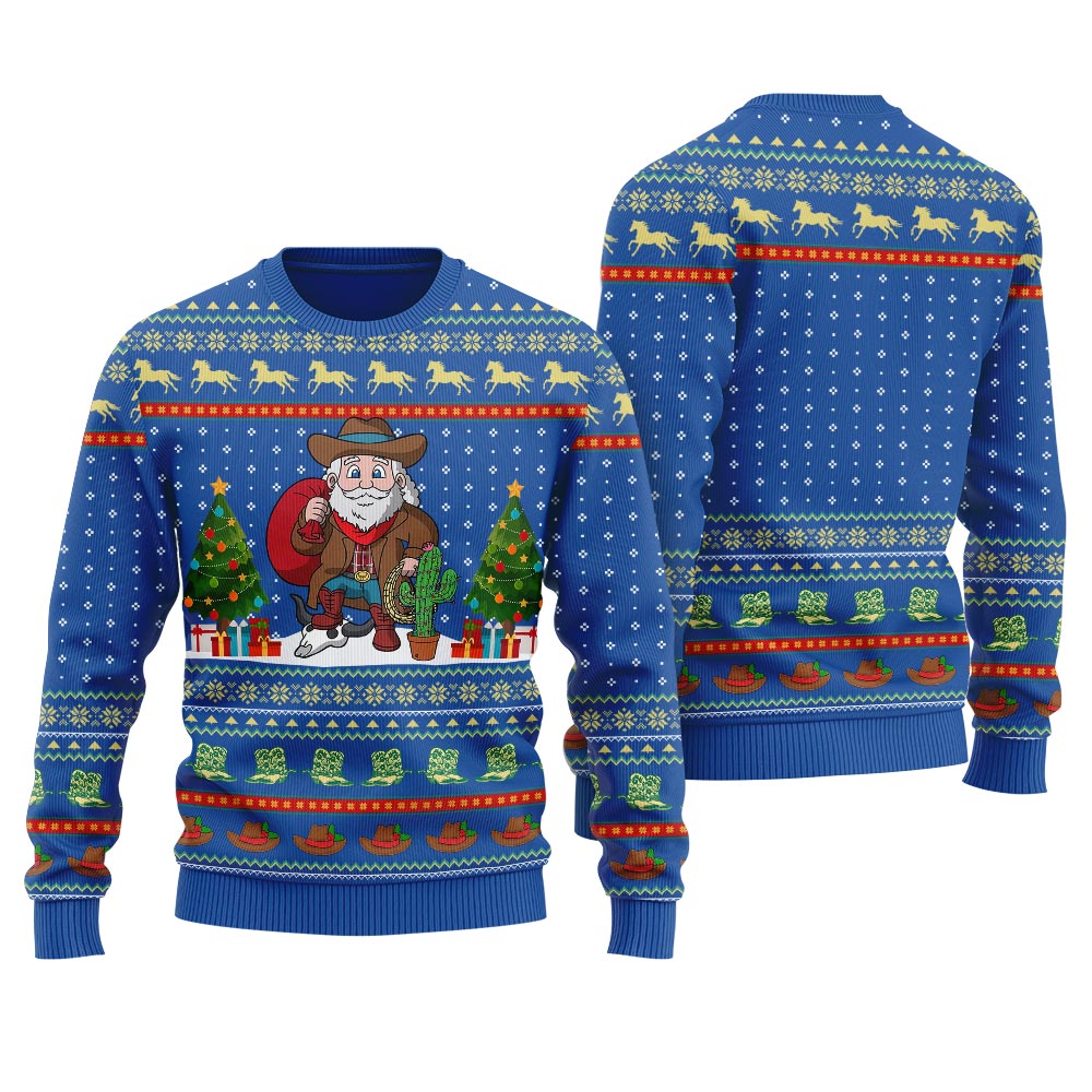 Cowboy Santa Claus Western Ugly Christmas Sweater Royal