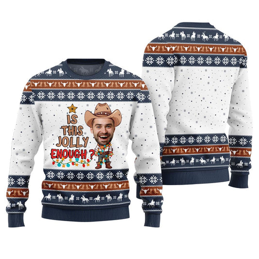 Cowboy Ugly Christmas Sweaters Custom Face Is This Jolly Enough Navy