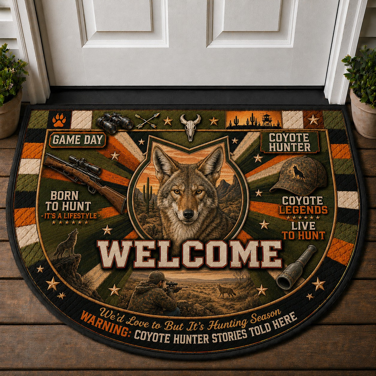 Coyote Hunter Outdoor Adventures Quilted Print Premium Welcome Mat – Personalized Doormat