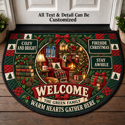 Cozy Fireplace Christmas Personalized Half Round Mat | 5To9Vibe