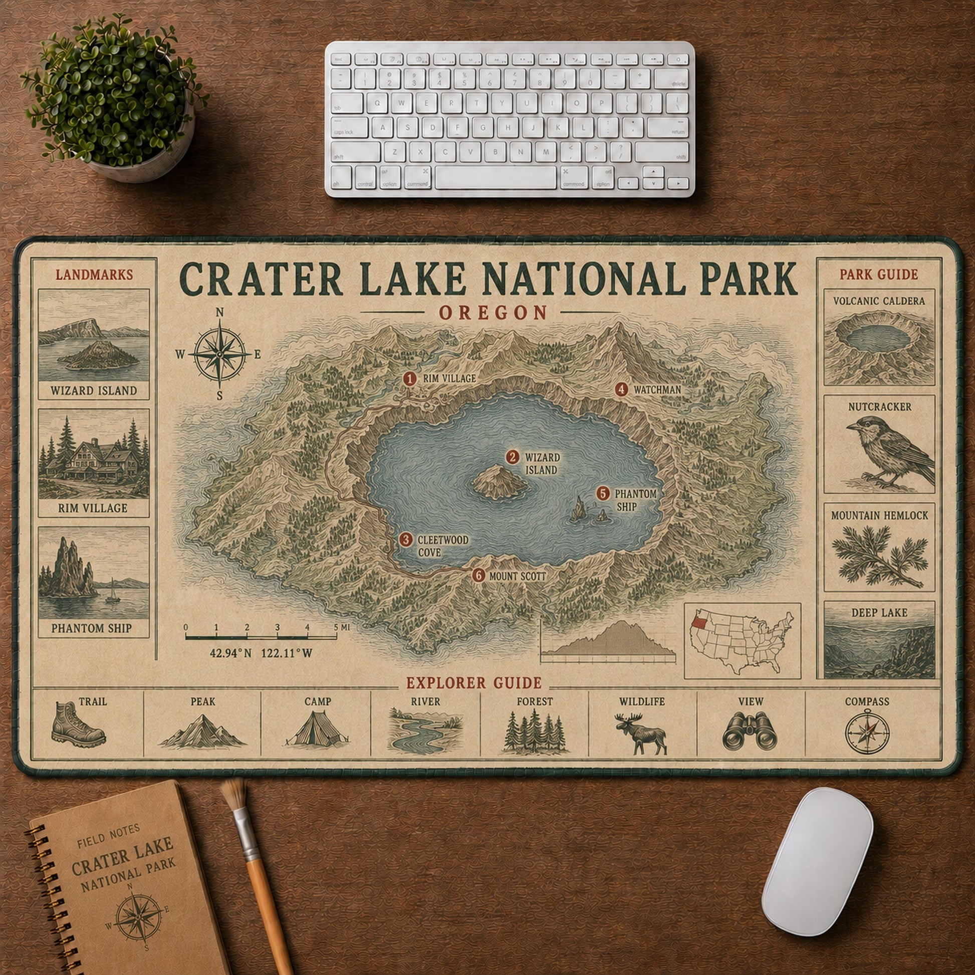 Crater Lake National Park Vintage Topographic Park Map Explorer Guide Desk Mat | 5To9Vibe