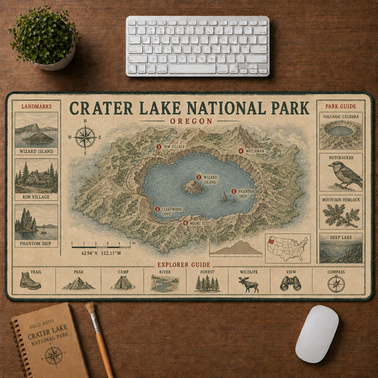 Crater Lake National Park Vintage Topographic Park Map Explorer Guide Desk Mat | 5To9Vibe