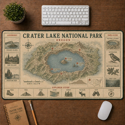 Crater Lake National Park Vintage Topographic Park Map Explorer Guide Desk Mat | 5To9Vibe