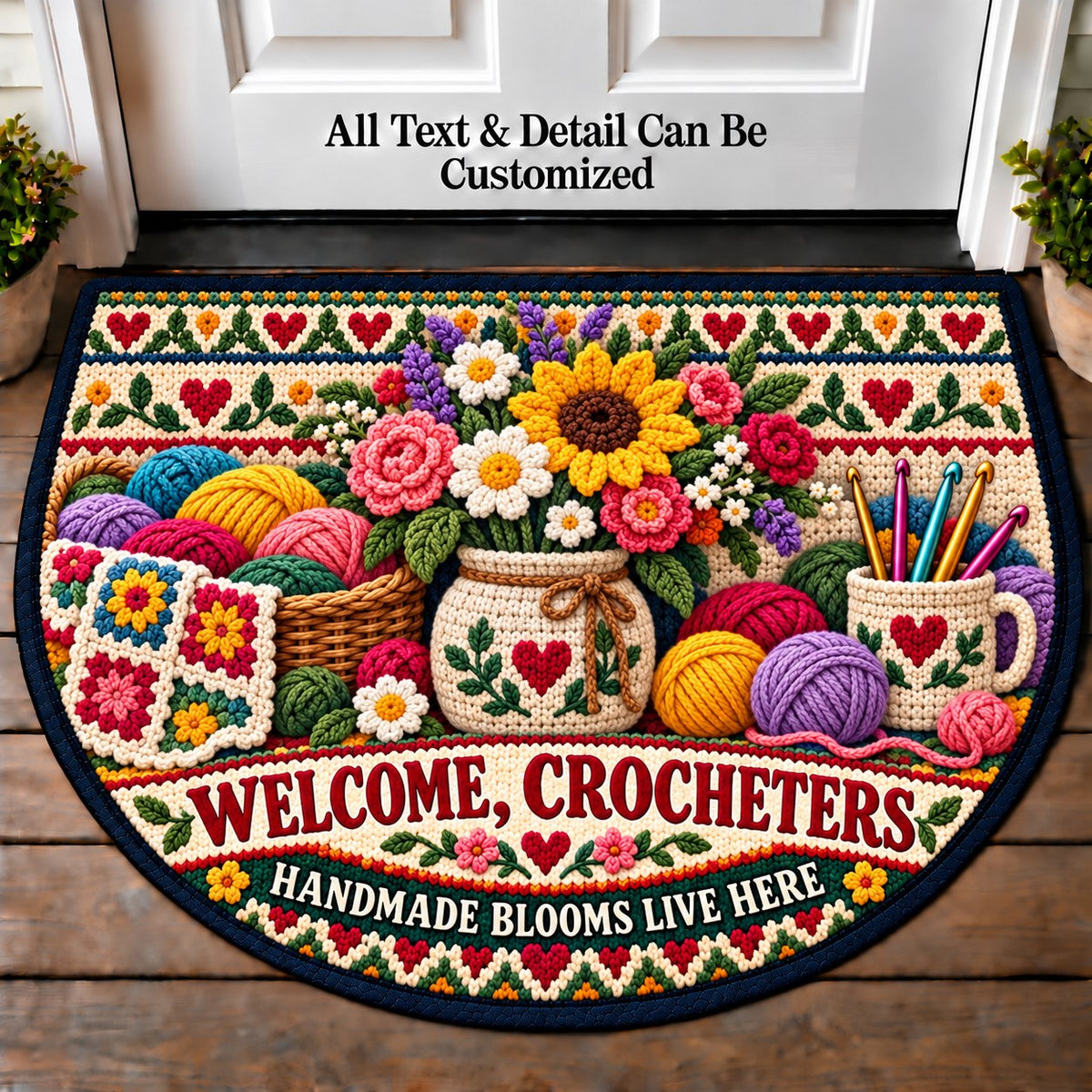Crochet Flower Bouquet - Crocheters Welcome Personalized Half Round Mat | 5To9Vibe