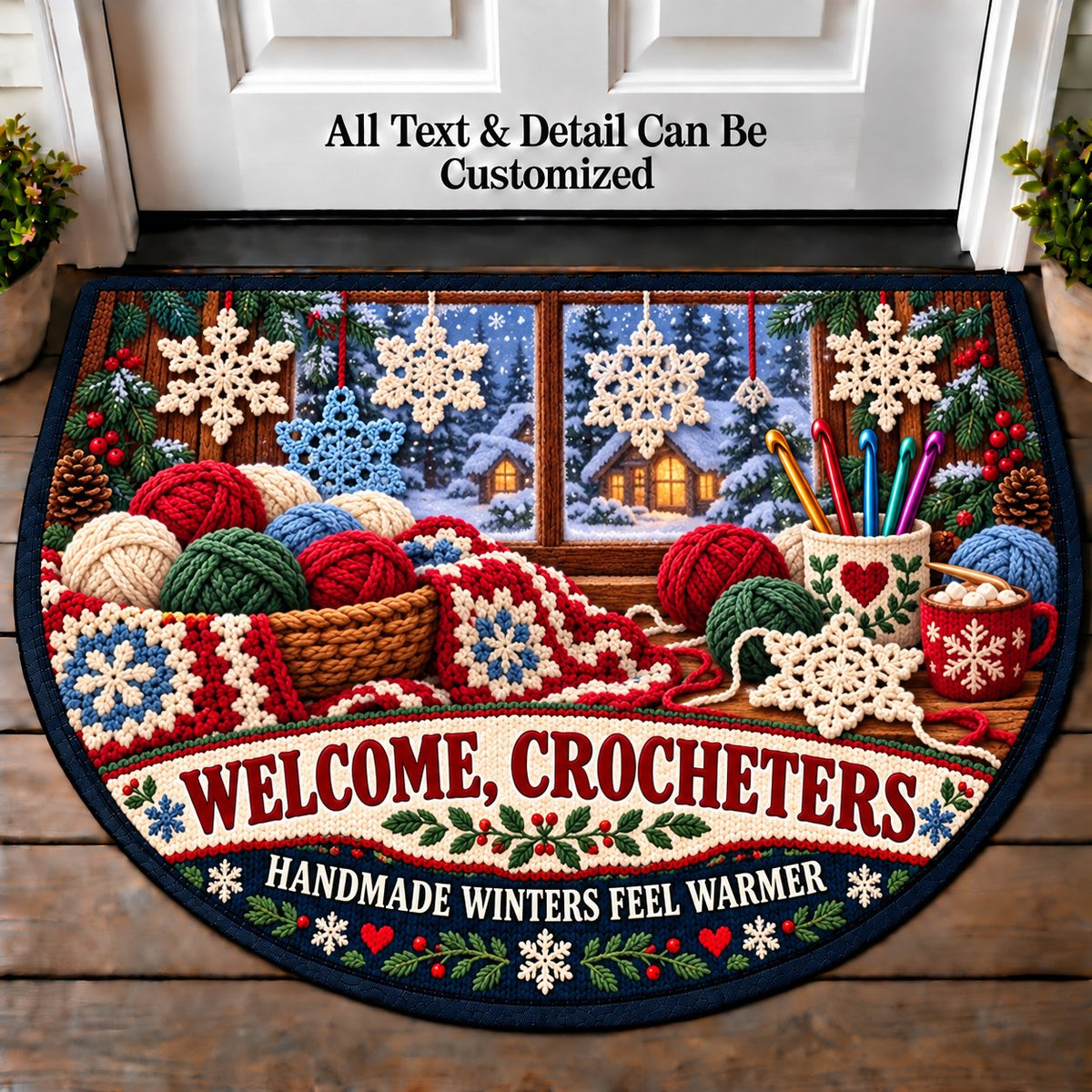 Crochet Snowflakes - Crocheters Welcome Personalized Half Round Mat | 5To9Vibe