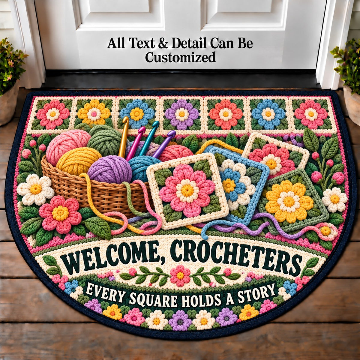 Granny Square Garden - Crocheters Welcome Personalized Half Round Mat | 5To9Vibe
