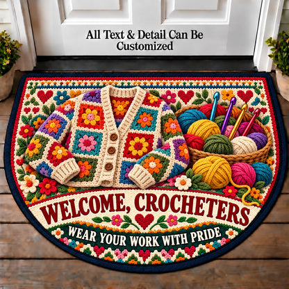 Patchwork Cardigan - Crocheters Welcome Personalized Half Round Mat | 5To9Vibe