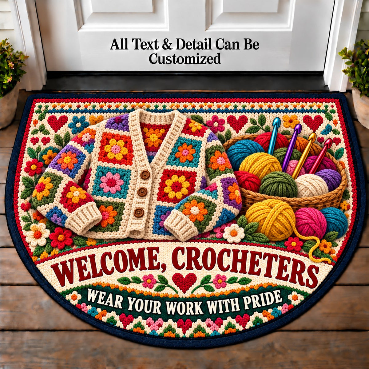 Patchwork Cardigan - Crocheters Welcome Personalized Half Round Mat | 5To9Vibe