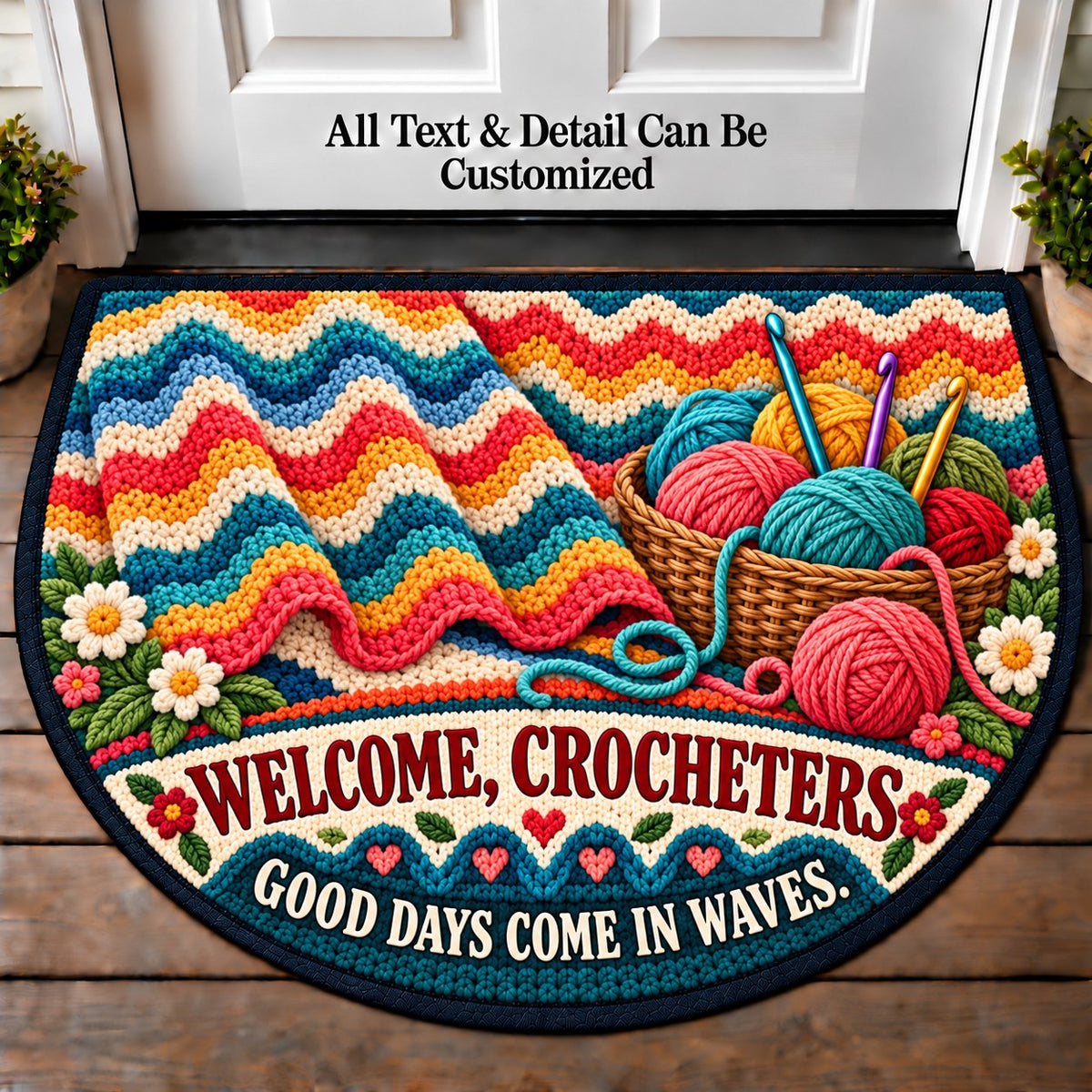 Ripple Blanket - Crocheters Welcome Personalized Half Round Mat | 5To9Vibe