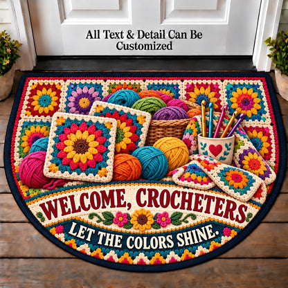 Sunburst Squares - Crocheters Welcome Personalized Half Round Mat | 5To9Vibe