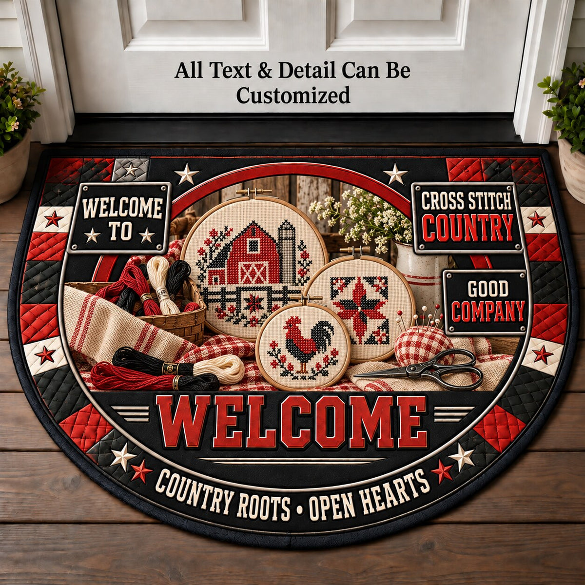 Cross Stitch Country Personalized Half Round Mat | 5To9Vibe