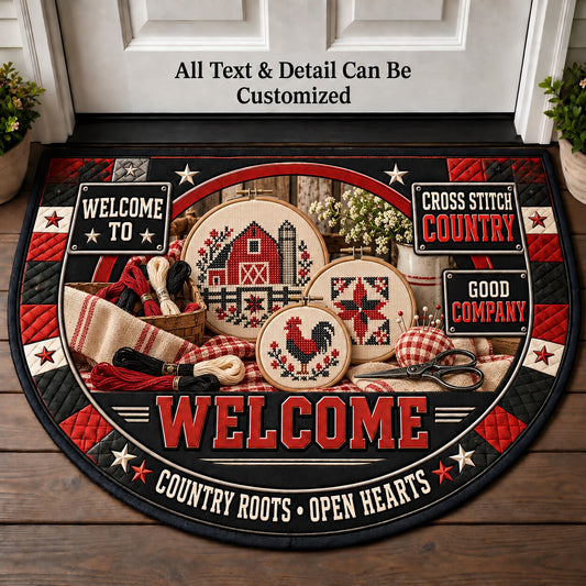 Cross Stitch Country Personalized Half Round Mat | 5To9Vibe