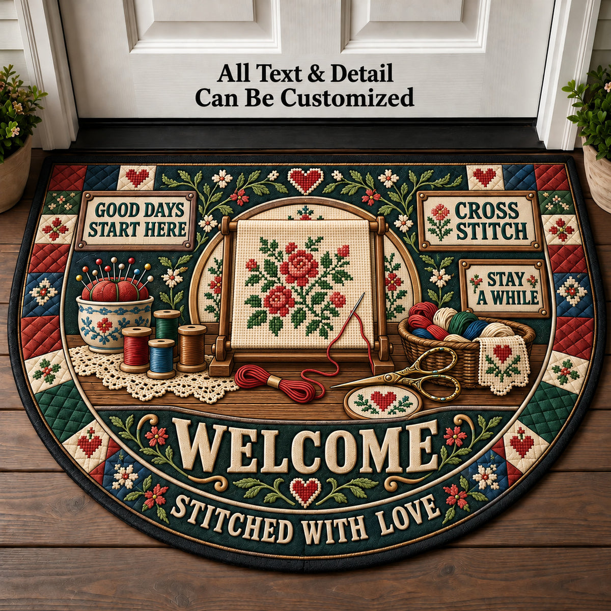 Cross Stitch Personalized Half Round Mat | 5To9Vibe