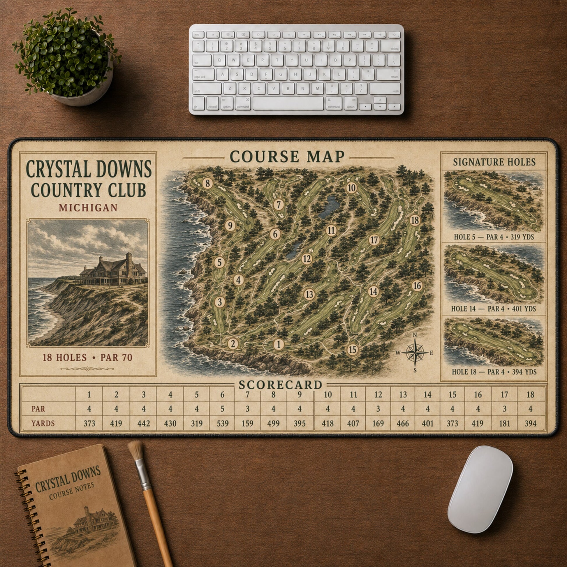 Crystal Downs Country Club Vintage Golf Course Map & Scorecard Guide Desk Mat | 5To9Vibe