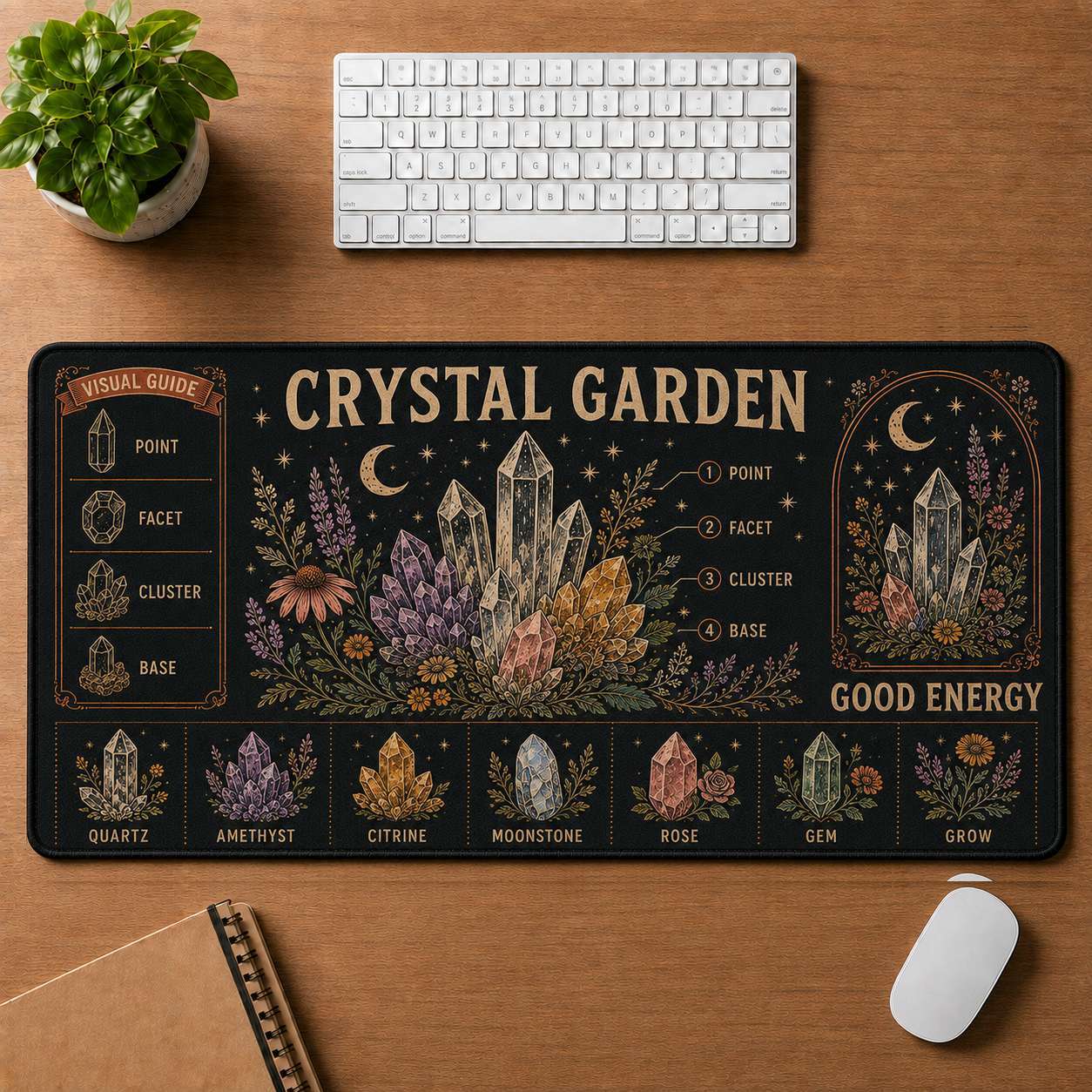 Crystal & Flowers Hippie Desk Mat Mouse Pad | 5To9Vibe - Crystal Garden style