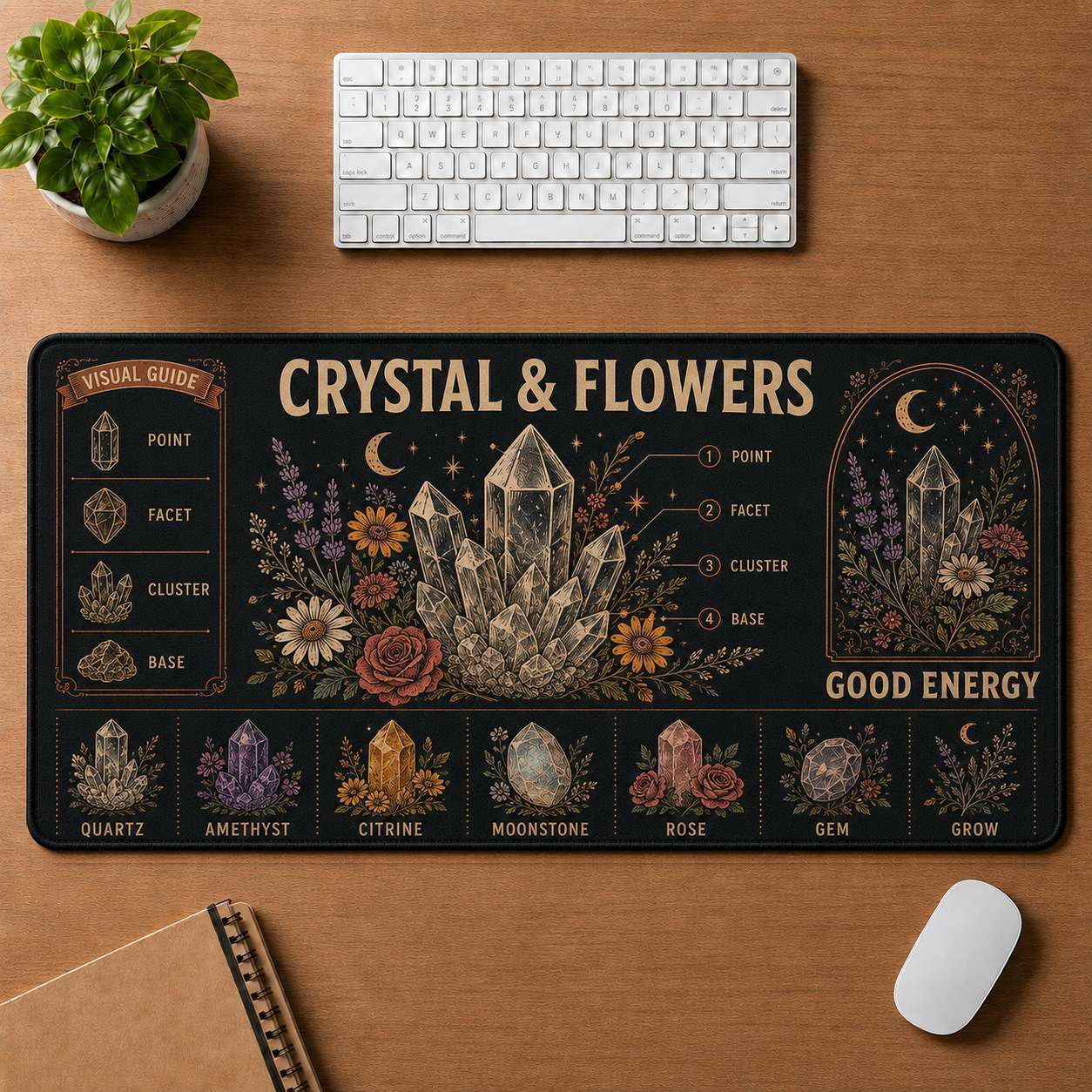 Crystal & Flowers Hippie Desk Mat Mouse Pad | 5To9Vibe - Crystal & Flowers style