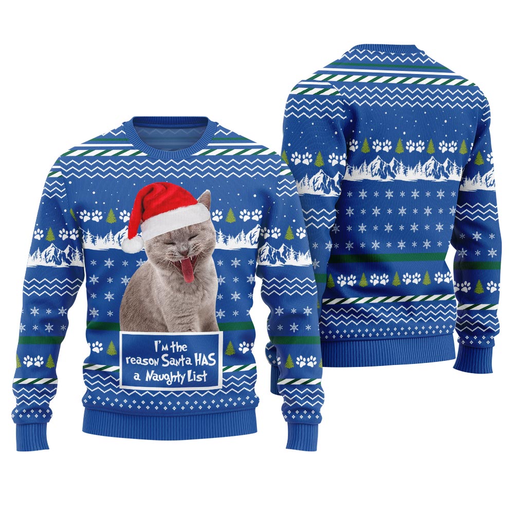 Custom Cat Photo Christmas Sweater I'm the Reason Santa Has a Naughty List