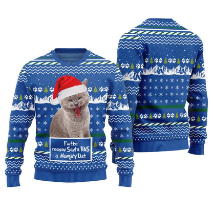 Custom Cat Photo Christmas Sweater I'm the Reason Santa Has a Naughty List