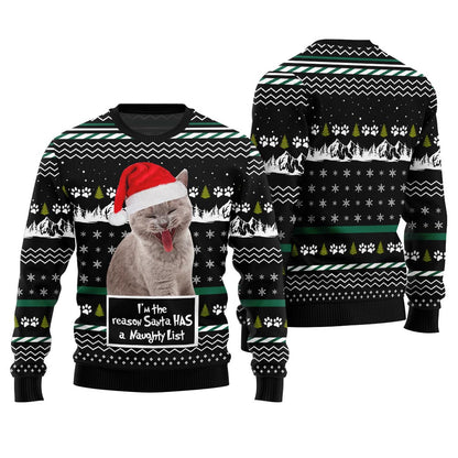 Custom Cat Photo Christmas Sweater I'm the Reason Santa Has a Naughty List
