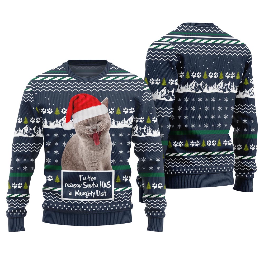 Custom Cat Photo Christmas Sweater I'm the Reason Santa Has a Naughty List