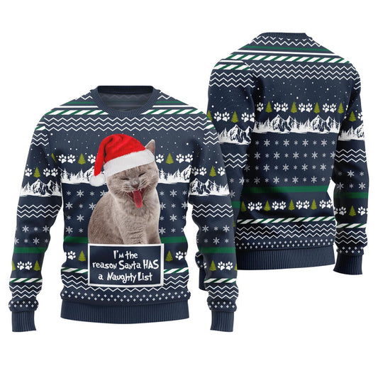 Custom Cat Photo Christmas Sweater I'm the Reason Santa Has a Naughty List