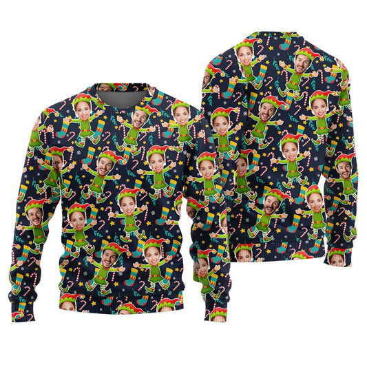 Custom Couple Elf Ugly Sweater Navy