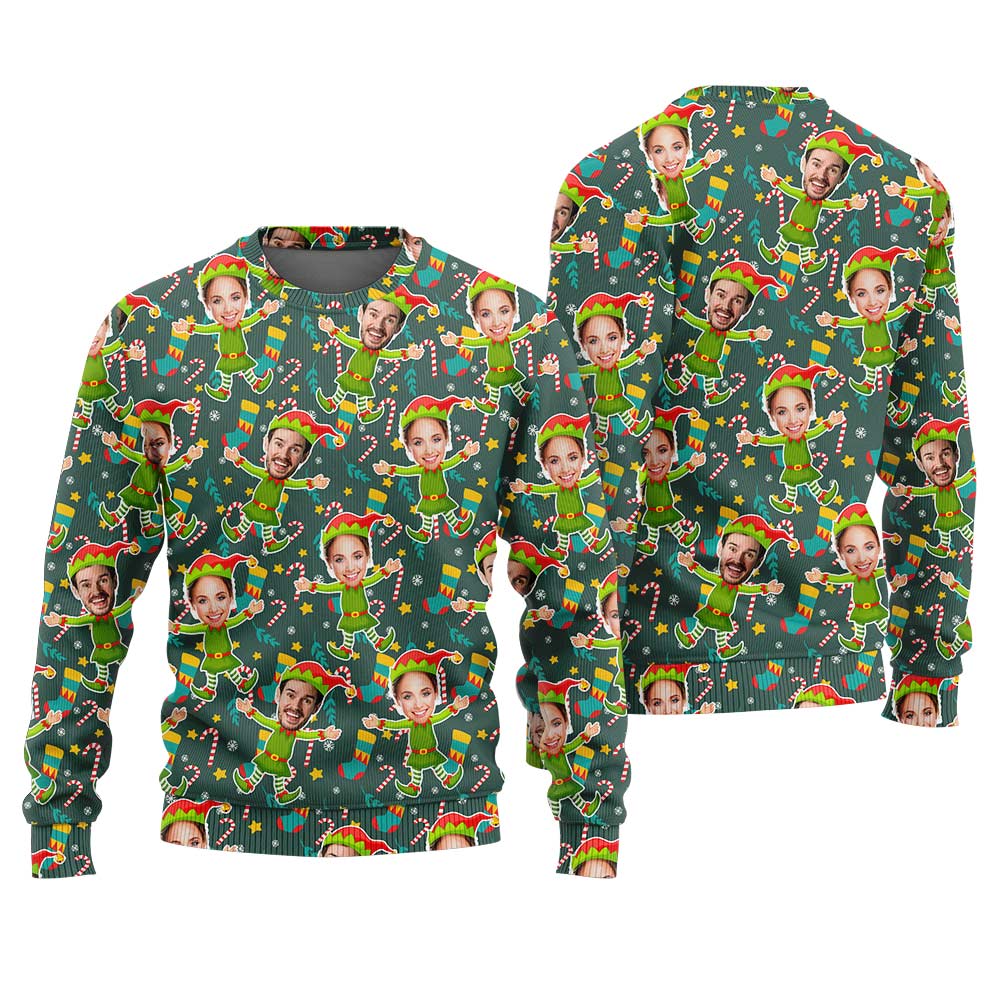 Custom Couple Face Elf Ugly Sweater