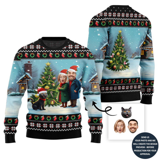Custom Couple Faces And Pet Funny Christmas Sweater