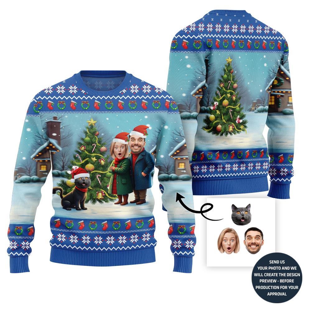 Custom Couple Faces And Pet Funny Christmas Sweater