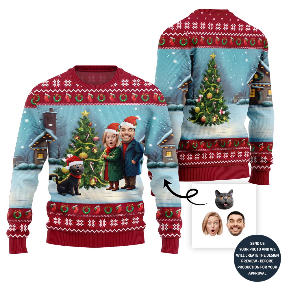 Custom Couple Faces And Pet Funny Christmas Sweater