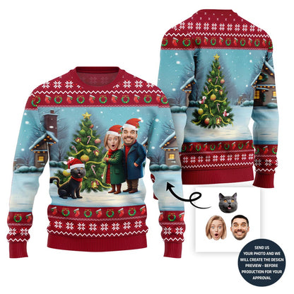 Custom Couple Faces And Pet Funny Christmas Sweater