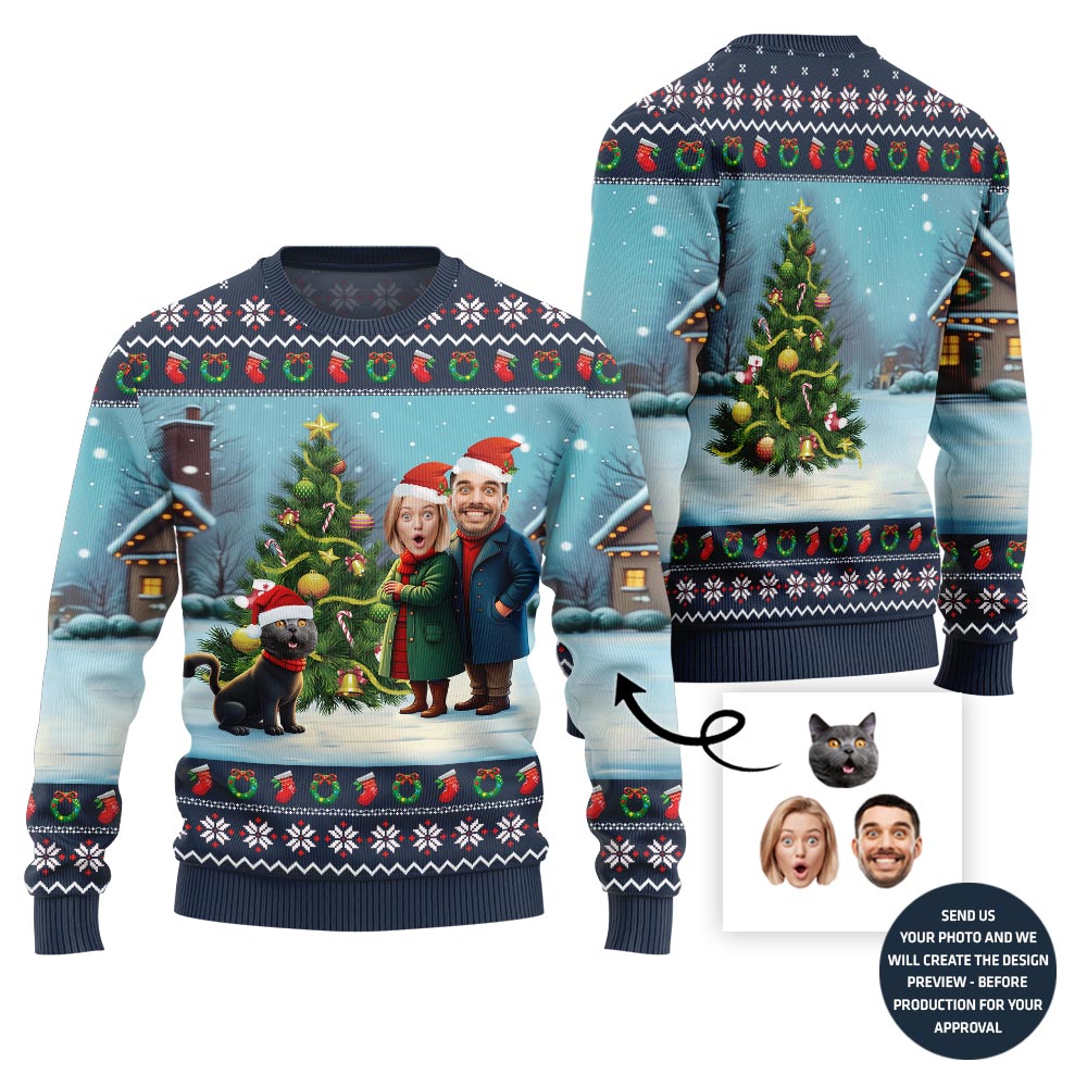 Custom Couple Faces And Pet Funny Christmas Sweater