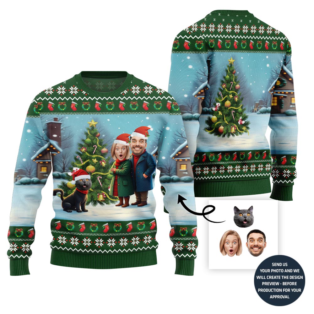 Custom Couple Faces And Pet Funny Christmas Sweater