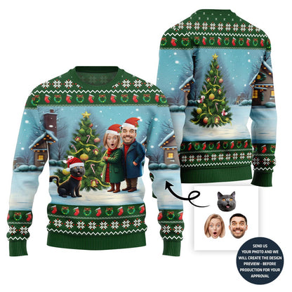 Custom Couple Faces And Pet Funny Christmas Sweater
