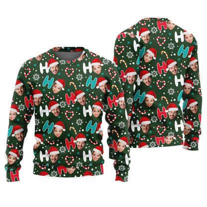 Custom Couple Faces Christmas Sweater Green