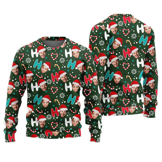 Custom Couple Faces Christmas Sweater Green