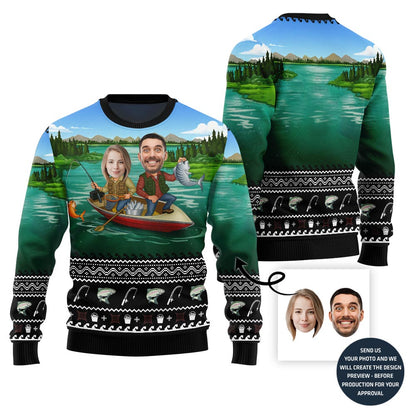 Custom Couple Faces Fishing Ugly Christmas Sweater