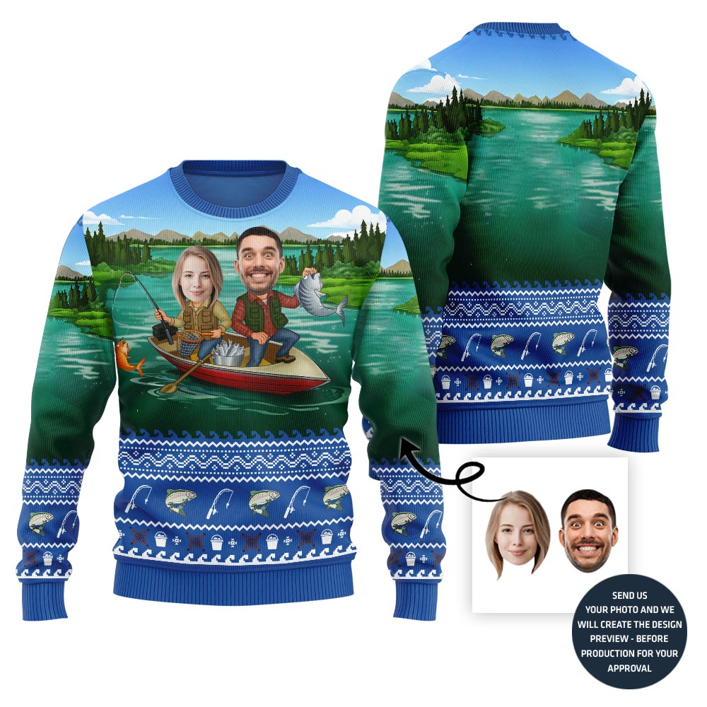Custom Couple Faces Fishing Ugly Christmas Sweater