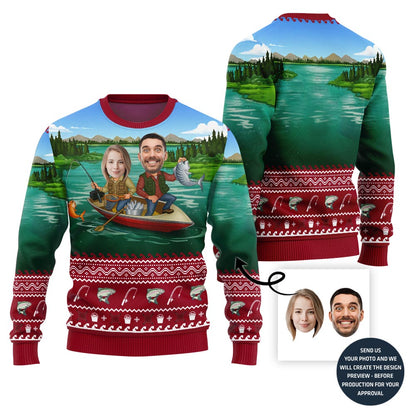 Custom Couple Faces Fishing Ugly Christmas Sweater