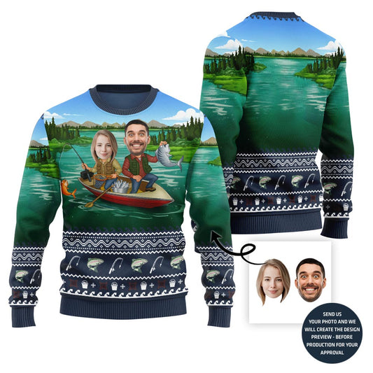 Custom Couple Faces Fishing Ugly Christmas Sweater