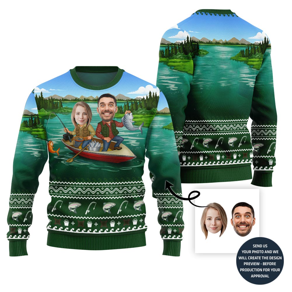 Custom Couple Faces Fishing Ugly Christmas Sweater