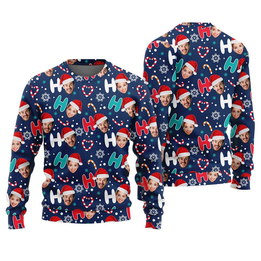 Custom Couple Faces Ugly Sweater Navy