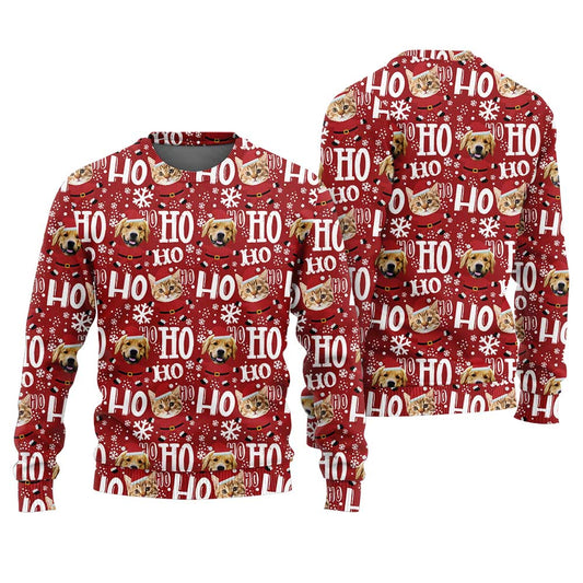 Custom Dog And Cat Ho Ho Ho Santa Ugly Sweater Cardinal Red