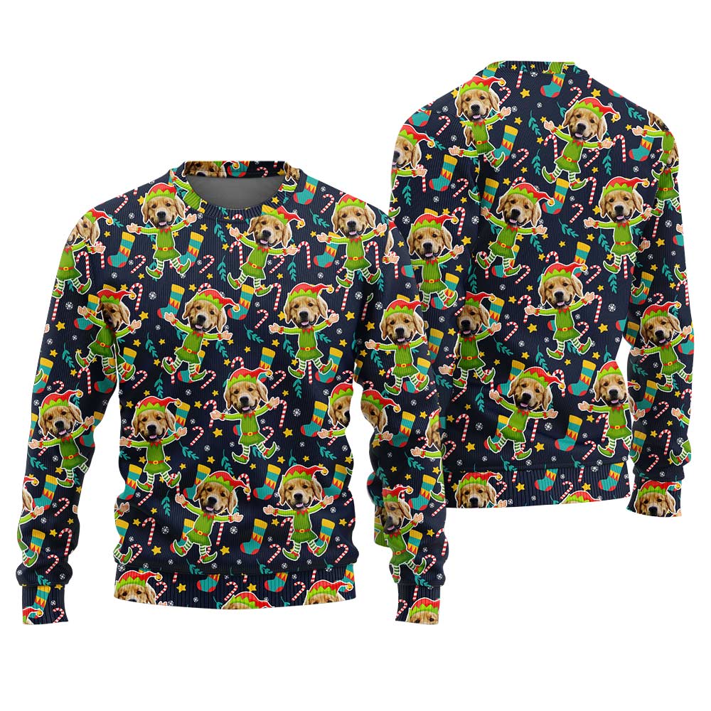 Custom Dog Elf Christmas Sweater Navy