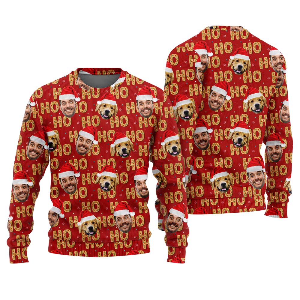 Custom Face And Dog Ugly Sweater Cardinal Red